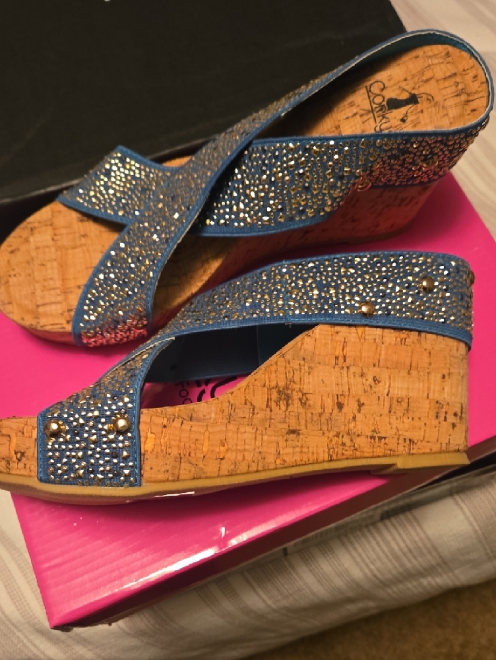 Corkys Blue Embellished Crossband Wedge Mules - Picture 2 of 3